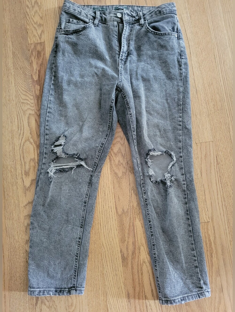 Gray Distressed High-Waist Mom Jeans